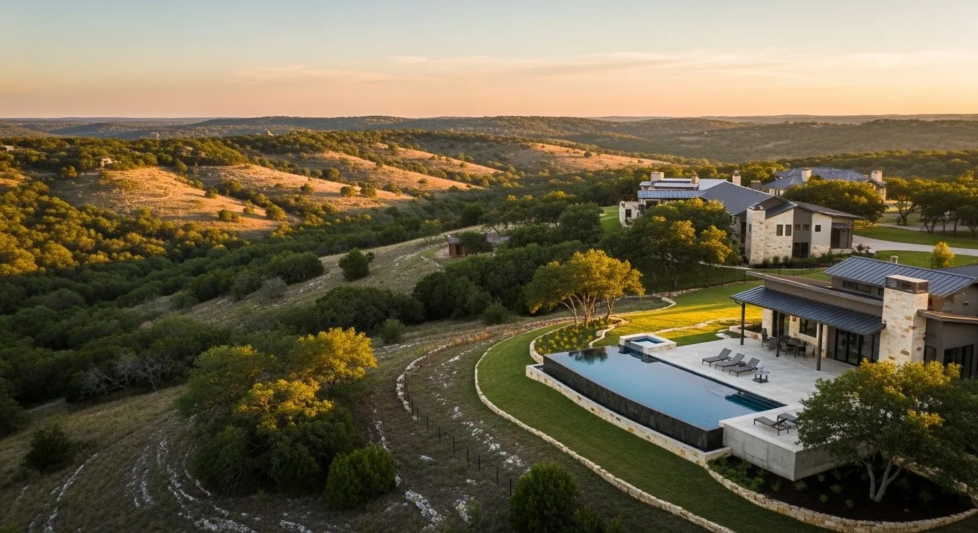 Aerial view of Texas Hill Country with crystal clear pools