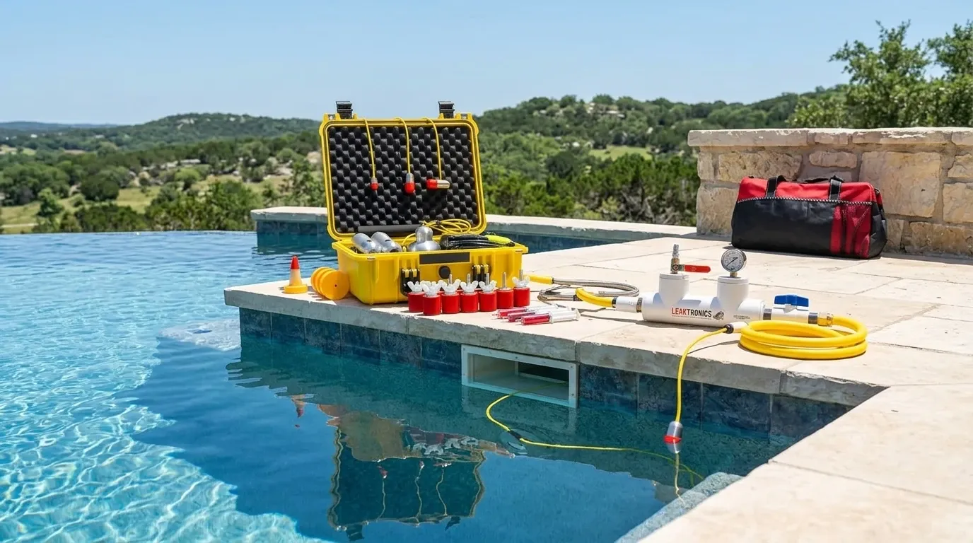 The background shows rolling green hills and Texas limestone. Bright, natural daylight. Clean and professional feel. High resolution, editorial style photography.