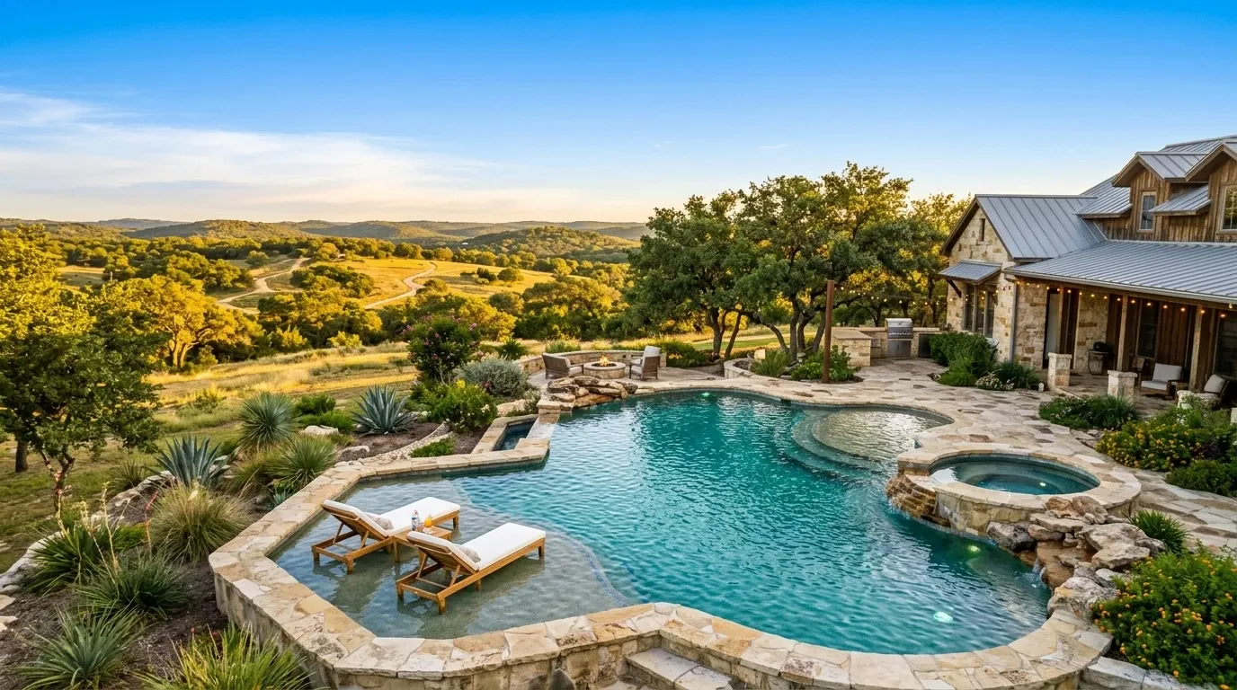 A stunning aerial photo of a newly built custom gunite swimming pool in a Texas Hill Country backyard at golden hour. The pool features blue-green water, natural stone coping, a sun shelf with lounge chairs, and native Texas landscaping with live oak trees in the background. The scene feels warm, inviting, and aspirational with rolling hills visible in the distance.